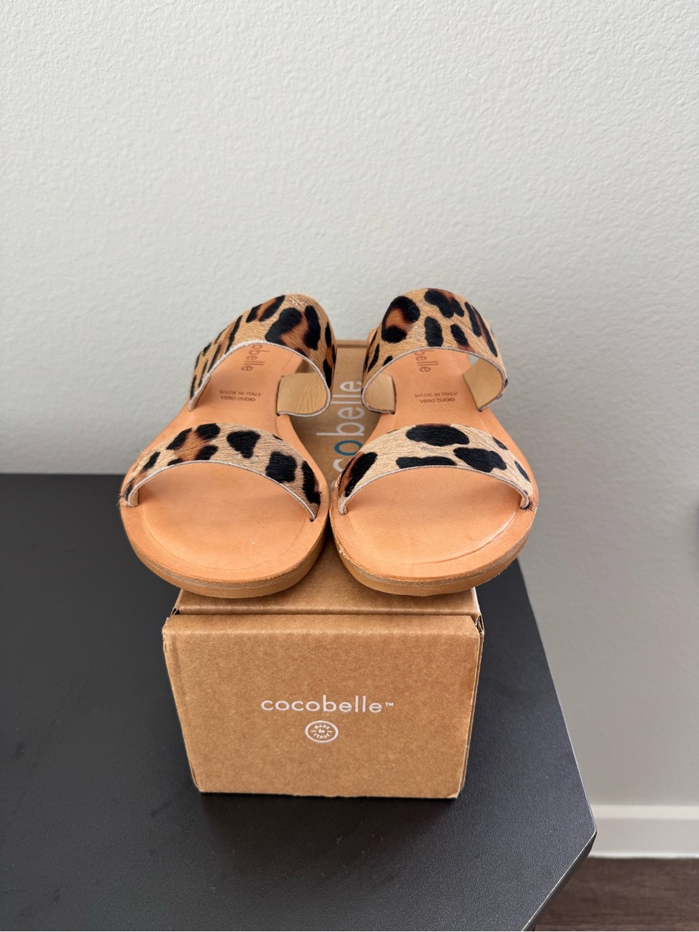 Cocobelle Leopard Print Double Strap Slide Sandals - Tan/Black - Picture 5 of 5